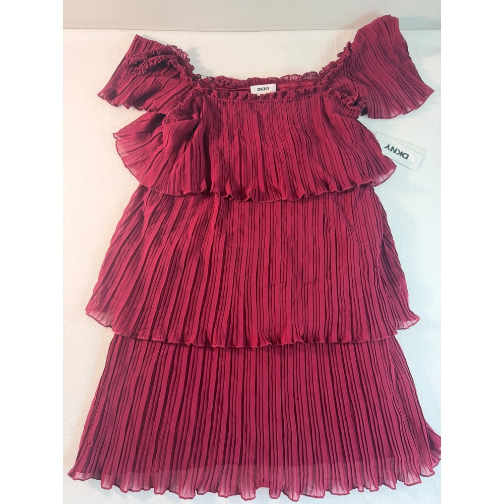 DKNY Dress 4 Burgundy Wine Pleated Tiered Off Shoulder Ruffle Mini DD5G2M17
